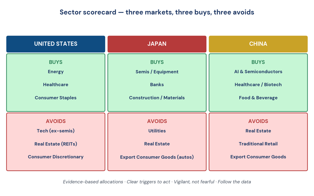 Figure 5. The sector scorecard at a glance — three markets, three buys, three avoids.
